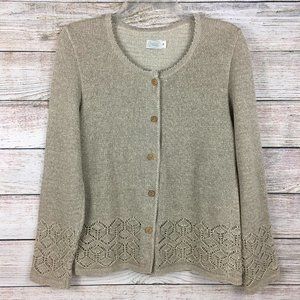 Natural Style Cardigan Sweater Linen Blend Open Weave Embellished